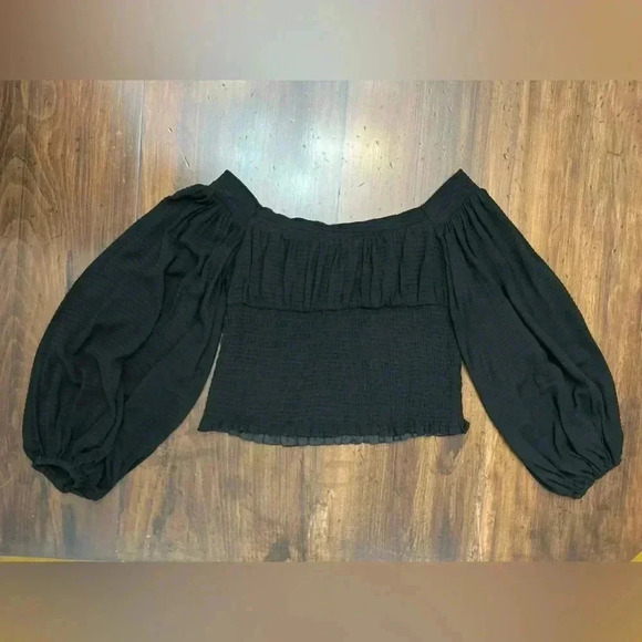 All Saints Sz 10 Tia Top Shirt Black Textured Lightweight Puff Sleeve Boho Chic - Picture 4 of 11